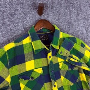 FOX Racing Mens Flannel Shirt, Plaid Button Up, Long Sleeve, Green Yellow